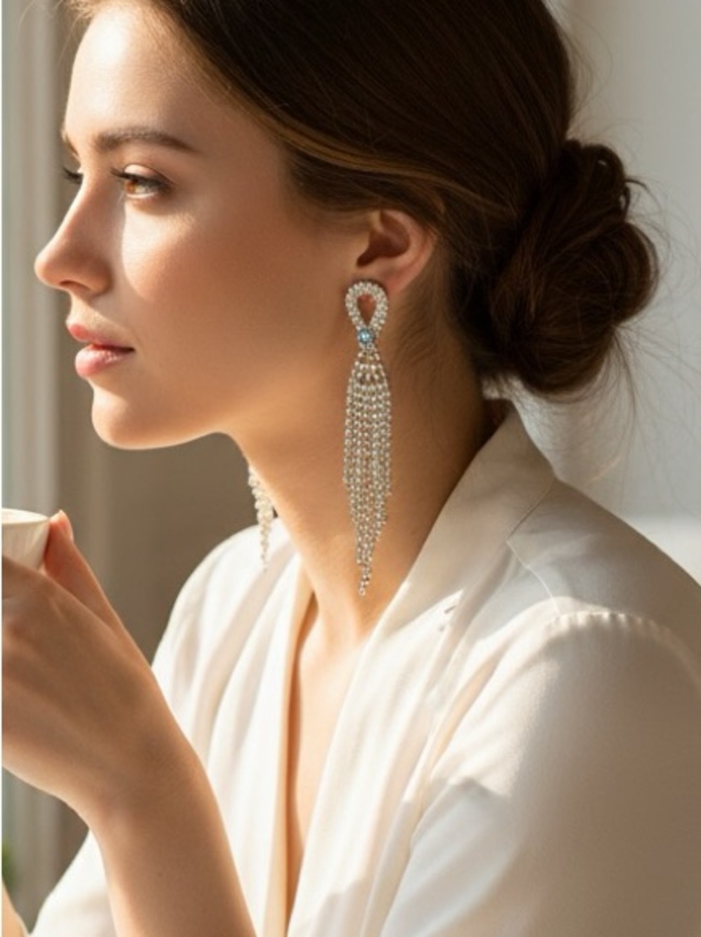 Elegant rhinestones Drop Tassel Earrings - White/Silver